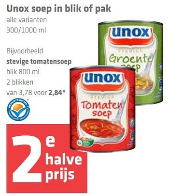 Aanbiedingen Soep in blik of pak stevige tomatensoep - Unox - Geldig van 17/09/2015 tot 23/09/2015 bij Spar