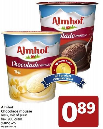 Aanbiedingen Almhof chocolade mousse melk, wit of puur - Almhof - Geldig van 21/09/2015 tot 27/09/2015 bij Jan Linders