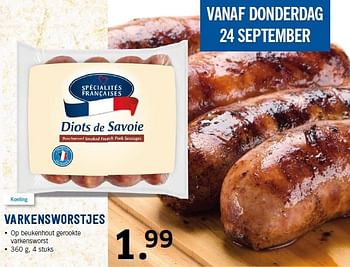 Aanbiedingen Varkensworstjes op beukenhout gerookte varkensworst - Specialites Francaises - Geldig van 21/09/2015 tot 27/09/2015 bij Lidl