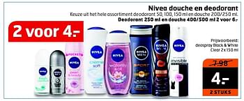 Aanbiedingen Deospray black + white clear - Nivea - Geldig van 22/09/2015 tot 27/09/2015 bij Trekpleister