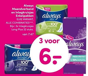 Aanbiedingen 3x inlegkruisjes long plus - Always - Geldig van 21/09/2015 tot 04/10/2015 bij da