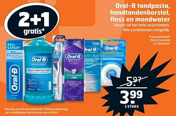 Aanbiedingen Floss essential oral-b tandpasta, handtandenborstel, floss en mondwater - Oral-B - Geldig van 29/09/2015 tot 04/10/2015 bij Trekpleister
