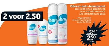 Aanbiedingen Deospray verzorgend zacht odorex anti-transpirant - Odorex - Geldig van 29/09/2015 tot 04/10/2015 bij Trekpleister