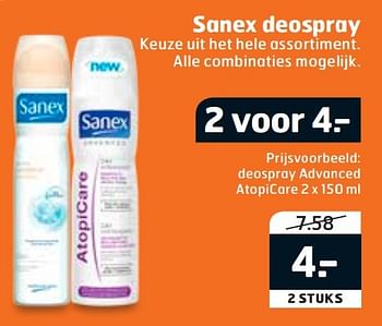 Aanbiedingen Deospray advanced atopicare sanex deospray - Sanex - Geldig van 29/09/2015 tot 04/10/2015 bij Trekpleister