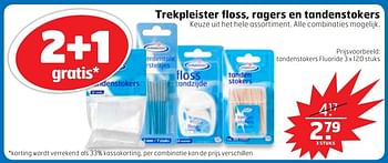 Aanbiedingen Tandenstokers fluoride trekpleister floss, ragers en tandenstokers - Huismerk - Trekpleister - Geldig van 29/09/2015 tot 04/10/2015 bij Trekpleister
