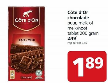 Aanbiedingen Côte d`or chocolade puur, melk of melk-noot - Cote D'Or - Geldig van 28/09/2015 tot 04/10/2015 bij Jan Linders