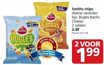 Aanbiedingen Smiths chips bugles nacho cheese - Smiths - Geldig van 28/09/2015 tot 04/10/2015 bij Jan Linders