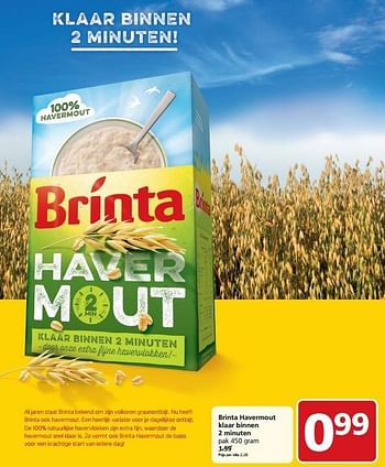 Aanbiedingen Brinta havermout klaar binnen 2 minuten - Brinta - Geldig van 28/09/2015 tot 04/10/2015 bij Jan Linders