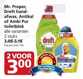Aanbiedingen Mr. proper, dreft handafwas, antikal of ambi pur toiletblok - Mr. Propre - Geldig van 28/09/2015 tot 04/10/2015 bij Jan Linders