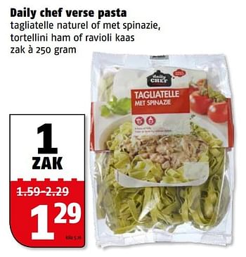 Aanbiedingen Daily chef verse pasta tagliatelle naturel of met spinazie - Daily chef - Geldig van 28/09/2015 tot 04/10/2015 bij Poiesz