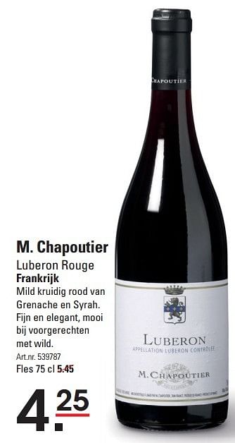 Aanbiedingen M. chapoutier luberon rouge frankrijk - Rode wijnen - Geldig van 17/09/2015 tot 05/10/2015 bij Sligro