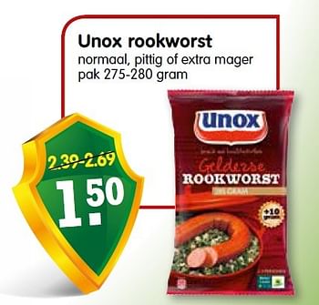 Aanbiedingen Unox rookworst normaal, pittig of extra mager - Unox - Geldig van 04/10/2015 tot 10/10/2015 bij Em-té