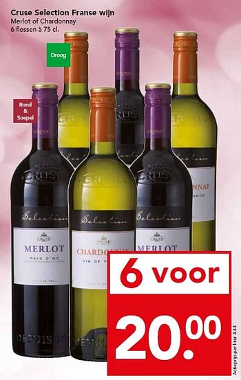 Aanbiedingen Cruse selection franse wijn merlot of chardonnay - Rode wijnen - Geldig van 04/10/2015 tot 10/10/2015 bij Deen Supermarkten