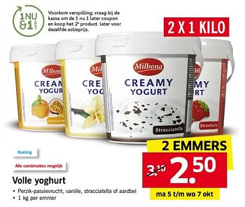 Aanbiedingen Volle yoghurt - Milbona - Geldig van 05/10/2015 tot 11/10/2015 bij Lidl