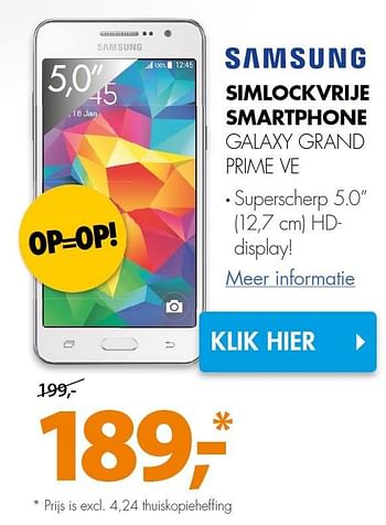 Aanbiedingen Samsung simlockvrije smartphone galaxy grand prime ve - Samsung - Geldig van 05/10/2015 tot 11/10/2015 bij Expert