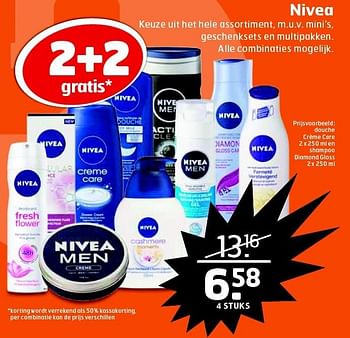 Aanbiedingen Douche crème care en shampoo diamond gloss - Nivea - Geldig van 06/10/2015 tot 11/10/2015 bij Trekpleister