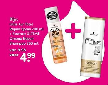 Aanbiedingen Gliss kur total repair spray + essence ultîme omega repair shampoo - Gliss Kur - Geldig van 05/10/2015 tot 20/10/2015 bij da