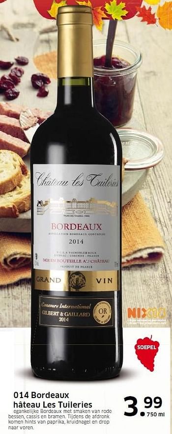 Aanbiedingen 2014 bordeaux château les tuileries - Rode wijnen - Geldig van 11/10/2015 tot 18/10/2015 bij Lidl