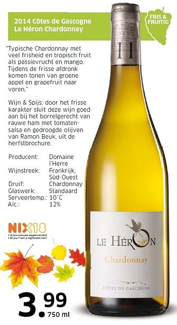 Aanbiedingen 2014 côtes de gascogne le héron chardonnay - Witte wijnen - Geldig van 11/10/2015 tot 18/10/2015 bij Lidl