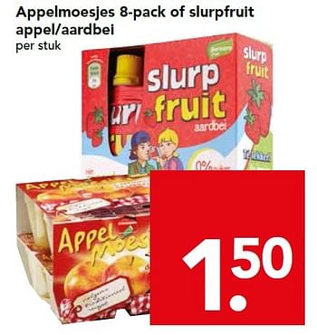 Aanbiedingen Appelmoesjes 8-pack of slurpfruit appel-aardbei - Huismerk deen supermarkt - Geldig van 18/10/2015 tot 24/10/2015 bij Deen Supermarkten