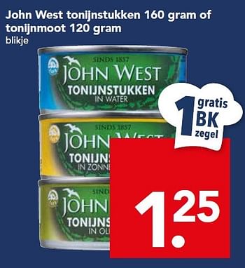 Aanbiedingen John west tonijnstukken 160 gram of tonijnmoot - John West - Geldig van 18/10/2015 tot 24/10/2015 bij Deen Supermarkten