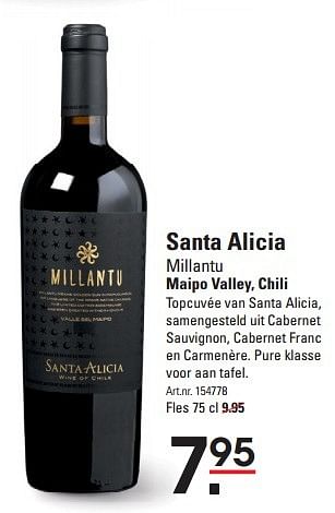 Aanbiedingen Santa alicia millantu maipo valley, chili - Rode wijnen - Geldig van 08/10/2015 tot 26/10/2015 bij Sligro
