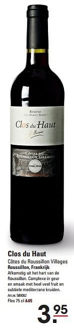 Aanbiedingen Clos du haut côtes du roussillon villages - Rode wijnen - Geldig van 08/10/2015 tot 26/10/2015 bij Sligro