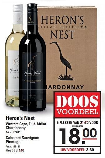 Aanbiedingen Heron`s nest western cape, zuid-afrika chardonnay - Rode wijnen - Geldig van 08/10/2015 tot 26/10/2015 bij Sligro