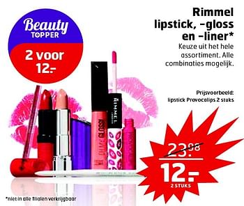 Aanbiedingen Rimmel lipstick, gloss en liner - Rimmel - Geldig van 13/10/2015 tot 25/10/2015 bij Trekpleister