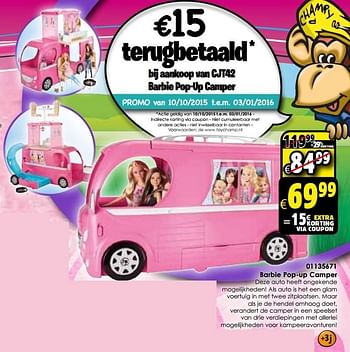 Aanbiedingen Barbie pop-up camper - Mattel - Geldig van 24/10/2015 tot 06/12/2015 bij ToyChamp