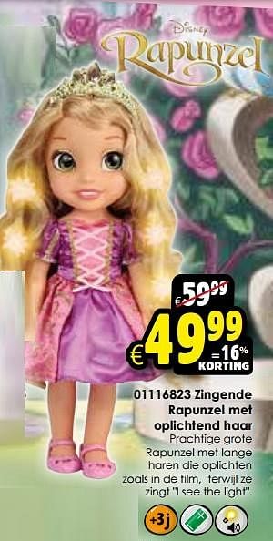 Aanbiedingen Zingende rapunzel met oplichtend haar - Disney Princess - Geldig van 24/10/2015 tot 06/12/2015 bij ToyChamp