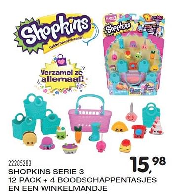 Aanbiedingen Shopkins serie 3 12 pack + 4 boodschappentasjes en een winkelmandje - Shopkins - Geldig van 23/10/2015 tot 08/12/2015 bij Supra Bazar