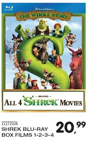 Aanbiedingen Shrek blu-ray box films 1-2-3-4 - Huismerk - Supra Bazar - Geldig van 23/10/2015 tot 08/12/2015 bij Supra Bazar