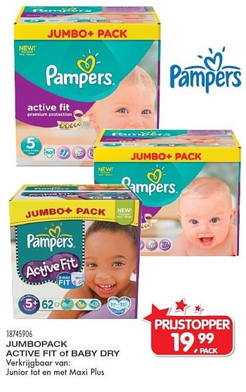 Aanbiedingen Jumbopack active fit of baby dry - Pampers - Geldig van 10/11/2015 tot 08/12/2015 bij Supra Bazar