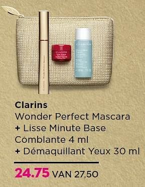 Aanbiedingen Clarins wonder perfect mascara + lisse minute base comblante + démaquillant yeux - Clarins - Geldig van 16/11/2015 tot 06/12/2015 bij Ici Paris XL