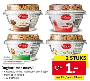 Aanbiedingen Yoghurt met muesli - Milbona - Geldig van 23/11/2015 tot 29/11/2015 bij Lidl