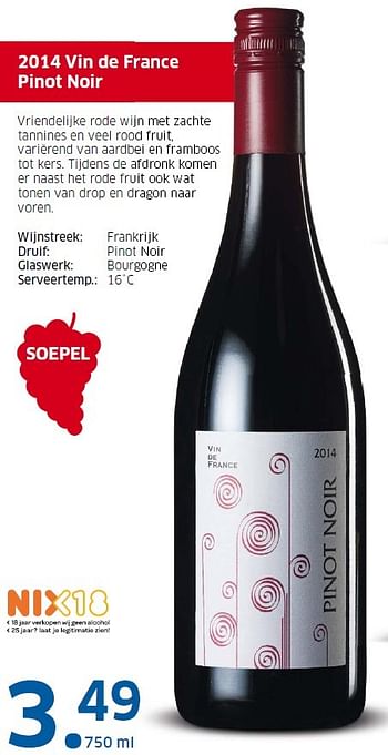 Aanbiedingen 2014 vin de france pinot noir - Rode wijnen - Geldig van 23/11/2015 tot 29/11/2015 bij Lidl