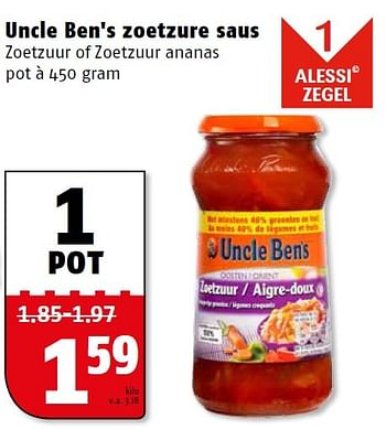 Aanbiedingen Uncle ben`s zoetzure saus zoetzuur of zoetzuur ananas - Uncle Ben's - Geldig van 23/11/2015 tot 29/11/2015 bij Poiesz