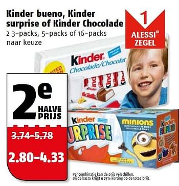 Aanbiedingen Kinder bueno, kinder surprise of kinder chocolade - Kinder - Geldig van 23/11/2015 tot 29/11/2015 bij Poiesz