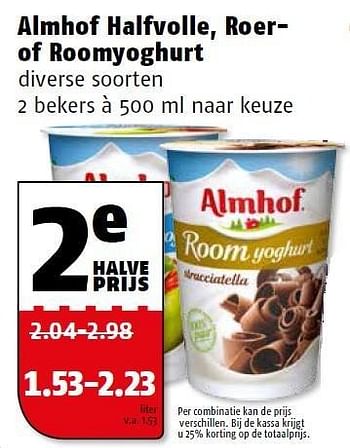 Aanbiedingen Almhof halfvolle, roerof roomyoghurt - Almhof - Geldig van 23/11/2015 tot 29/11/2015 bij Poiesz