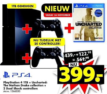 Aanbiedingen Playstation 4 1tb + uncharted: the nathan drake collection + 2 dual shock controllers - Sony - Geldig van 21/11/2015 tot 06/12/2015 bij Bart Smit