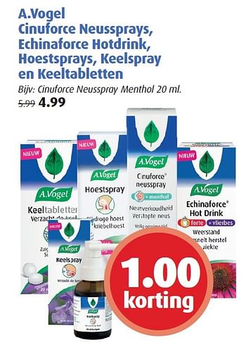 Aanbiedingen A.vogel cinuforce neussprays, echinaforce hotdrink, hoestsprays, keelspray en keeltabletten - A. Vogel - Geldig van 23/11/2015 tot 06/12/2015 bij Uw eigen drogist