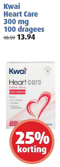 Aanbiedingen Kwai heart care 300 mg 100 dragees - Kwai - Geldig van 23/11/2015 tot 06/12/2015 bij Uw eigen drogist