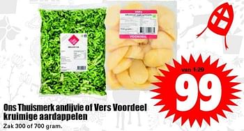 Aanbiedingen Ons thuismerk andijvie of vers voordeel kruimige aardappelen - Huismerk - Dirk - Geldig van 29/11/2015 tot 05/12/2015 bij Lekker Doen