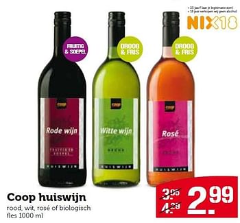 Aanbiedingen Coop huiswijn rood, wit, rosé of biologisch - Rode wijnen - Geldig van 30/11/2015 tot 06/12/2015 bij Coop