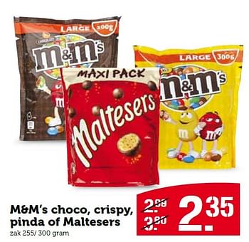 Aanbiedingen M+m`s choco, crispy, pinda of maltesers - Mars Snacks - Geldig van 30/11/2015 tot 06/12/2015 bij Coop
