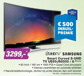 Aanbiedingen Samsung smart curved s-uhd tv ue65js8500 - a-klasse - Samsung - Geldig van 23/11/2015 tot 06/12/2015 bij ElectronicPartner