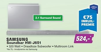 Aanbiedingen Samsung soundbar hw-j651 - Samsung - Geldig van 23/11/2015 tot 06/12/2015 bij ElectronicPartner