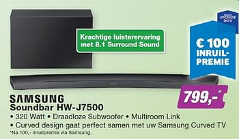 Aanbiedingen Samsung soundbar hw-j7500 - Samsung - Geldig van 23/11/2015 tot 06/12/2015 bij ElectronicPartner