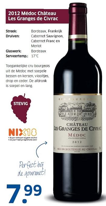 Aanbiedingen 2012 médoc château les granges de civrac - Rode wijnen - Geldig van 30/11/2015 tot 06/12/2015 bij Lidl